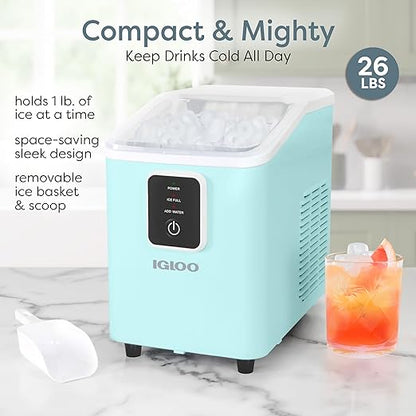 Igloo Self-Cleaning Countertop Ice Maker - Compact and Portable - Creates 26 lbs. Per Day, 8 Pieces Ready Every 7-8 Minutes - Includes Ice Scoop and Basket - Aqua