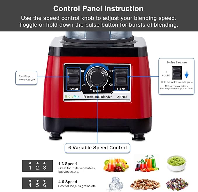 BioloMix Heavy Duty Professional Blender, Peak 2200W Commercial Grade Bar Blender With 70Oz Container For Shakes, Smoothies, Ice Crushing, Frozen Fruits, Soups, Dry Grinding (Red)