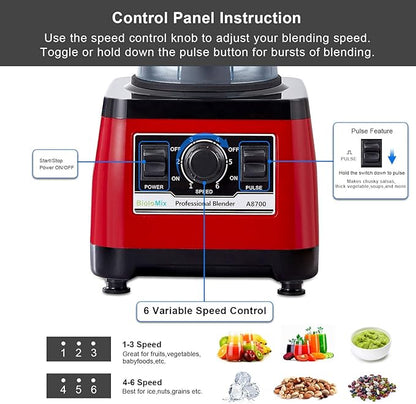 BioloMix Heavy Duty Professional Blender, Peak 2200W Commercial Grade Bar Blender With 70Oz Container For Shakes, Smoothies, Ice Crushing, Frozen Fruits, Soups, Dry Grinding (Red)