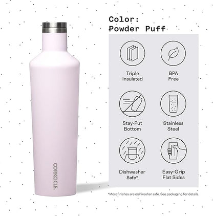 Corkcicle Insulated Canteen, Powder Puff, 25 oz – Cupholder Friendly Water Bottle with Screw-On Cap Keeps Drinks Cold for 25hrs, Hot 12hrs