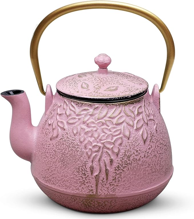 Cast Iron Teapot, TOPTIER Japanese Cast Iron Tea Pot with Infuser for Loose Leaf and Tea Bags, Stovetop Safe Cast Iron Tea Kettle Coated with Enameled Interior for 40 oz (1200 ml), Blush Pink