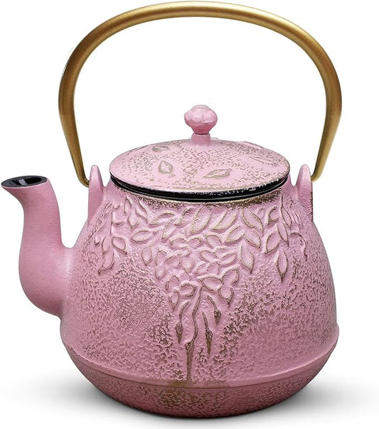 TOPTIER Japanese Cast Iron Teapot with Infuser, Stovetop Safe, Leaf Design Tea Kettle, Enameled Interior, 32 Ounce (950 ml), Blush Pink