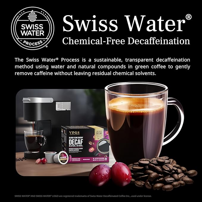 VINIA Blood Flow Energy Coffee DECAF - Medium Roast Superfood Coffee Pods, Swiss Water Process Powered by Red Grape Piceid Resveratrol. K Cup Compatible Coffee Pods, Caffeine Free, 60 Ct