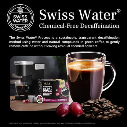 VINIA Blood Flow Energy Coffee DECAF - Medium Roast Superfood Coffee Pods, Swiss Water Process Powered by Red Grape Piceid Resveratrol. K Cup Compatible Coffee Pods, Caffeine Free, 60 Ct