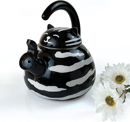 Trenton Gifts Whistling Tea Kettle - Enamel on Steel Black Cat Decor - Cute Animal Stovetop Kettle - 2.1 Quart Tea Pots