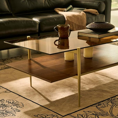 AGV LIGHTING Tadio Large Glass Coffee Table, Mid-Century Modern Coffee Table for Living Room, Gold Finish Leg, Coffee Brown Glass Top & Walnut Brown Shelf, 47 in