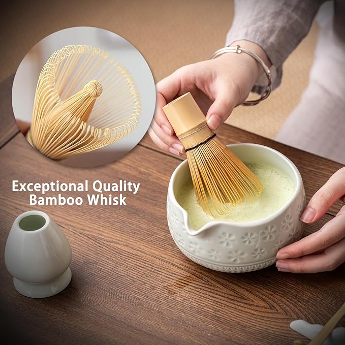Matcha Whisk Set, Ceramic Matcha Set Includes Matcha Bowl, Matcha Whisk and Holder, Bamboo Scoop, Scoop Rest, Sifter and Tea Towel - 7 Pcs Matcha Kit for Matcha Lovers (Mint)