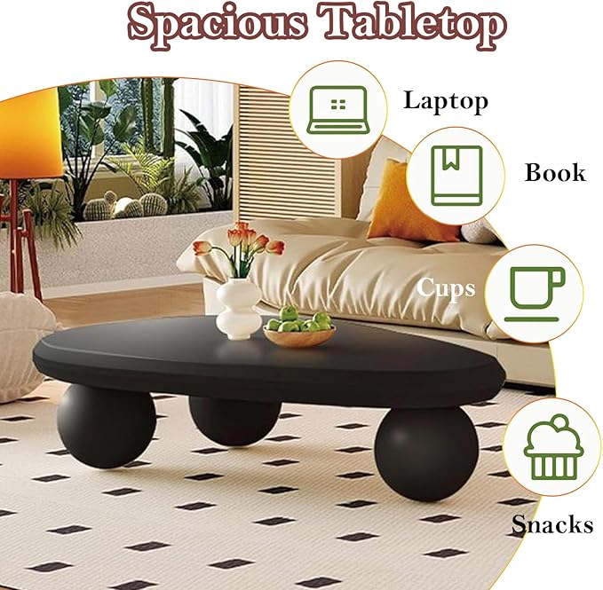 Black Oval Coffee Table - Ball Legs, Stylish Chic Wood Center Table - Smooth Round Corner Finishes Design, Easy to Clean & Assemble (G-39.37in)