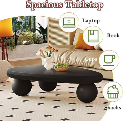 Black Oval Coffee Table - Ball Legs, Stylish Chic Wood Center Table - Smooth Round Corner Finishes Design, Easy to Clean & Assemble (G-39.37in)