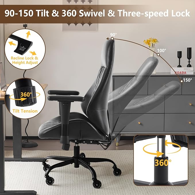 YFO Home Office Desk Chair High Back Office Rubber Chair Casters Ergonomic Computer Chair with Lumbar Support Adjustable Height Rolling Swivel Chair Executive Task Armrests, Black PU