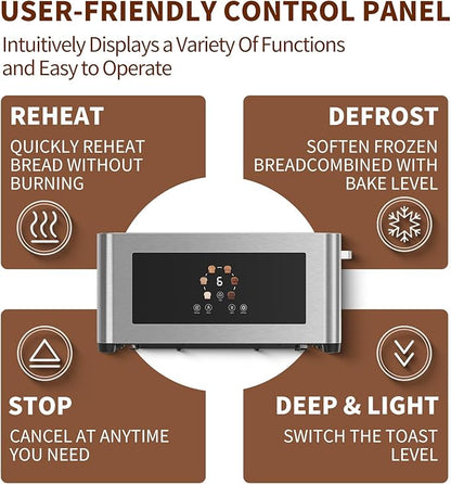 Touch Screen Toaster with LCD Display, Slim Toaster 2 Slice - Long 10" Slot for Baguettes & Extra Wide 1.6" Slot, 6 Browning Levels, 1200W, Space Saving
