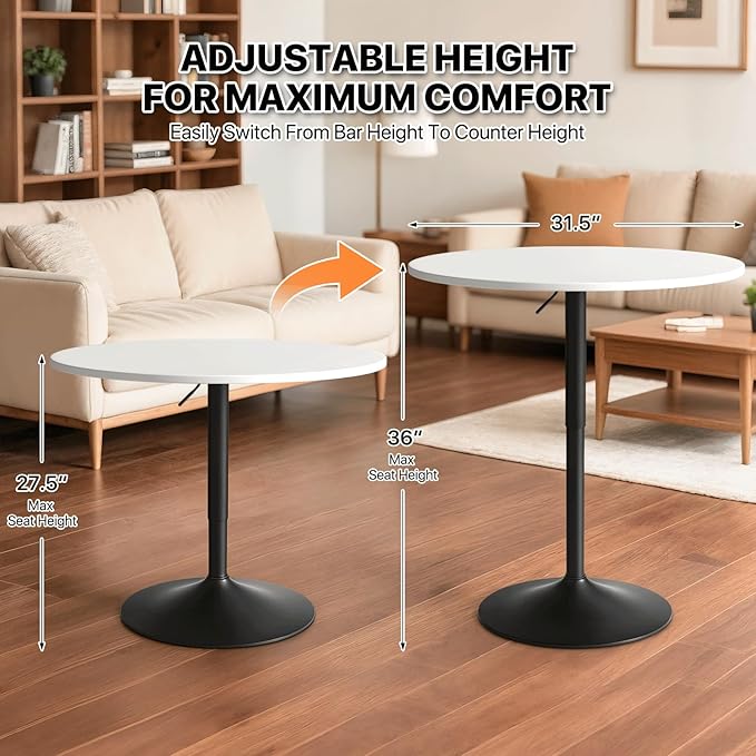 Magshion 31" Round Bar Table Height Adjustable 26"-35" Pub Table with Enlarged Base for Living Room Patio Bistro Café, White