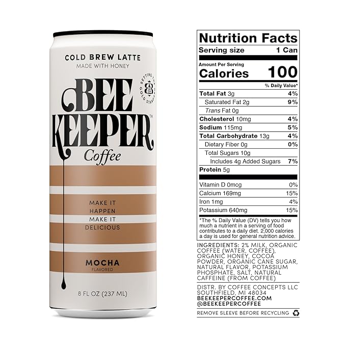 Beekeeper Coffee Cold Brew Mocha Latte with Oregon Honey, 8 fl oz cans (Pack of 12), Ready-to-Drink, 125mg Natural Caffeine