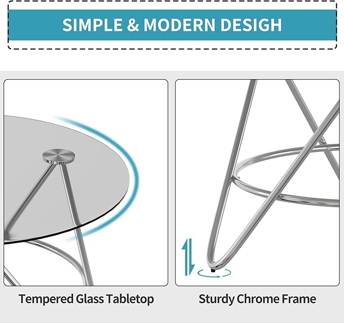 OIOG Glass Coffee Table, Round Coffee Table Living Room, Modern Coffee Table with Tempered Glass Tabletop and Chrome Frame, Silver