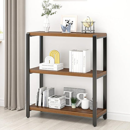 FOLUBAN Small Bookshelf and Bookcase, 3 Tier Low Short Book Shelf, Industrial Metal and Wood Book Case for Living Room Bedroom, Rustic Walnut