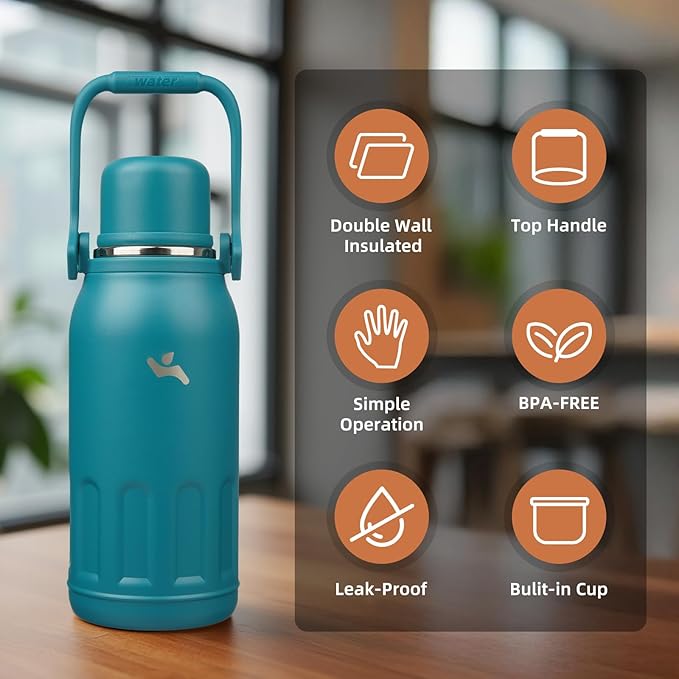 Insulated Water Bottle with Handle and Strap,Vacuum Travel Tumbler with Cup Lid,Thermo Coffee Cup for Hot Cold Drinks 40 OZ,Lake Blue