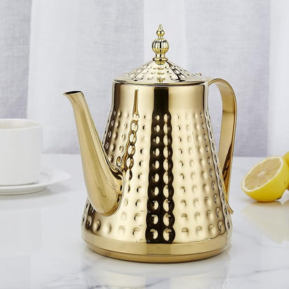 SANQIAHOME 1.6L(54oz) Stainless Steel Hammer Patterned Teapot With Removeable Infuser,Loose leaf cover,Gold