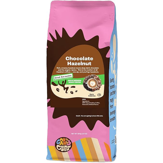 Crazy Cups Flavored Decaf Ground coffee, Hazelnut Coffee Flavored Ground Coffee, Decaffeinated Coffee For Brewing Decaf Coffee Ground Hot or Iced, 10 oz Bag