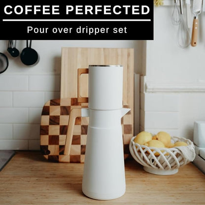 HASTINGS 68 Oz Pour Over Coffee Maker Set with Double Layer Reusable Stainless Steel Filter 8-Cup and Wood Handle - Dual Wall Heat Resistant Drip Coffee Brewer, Pour Over Coffee Dripper Carafe, White