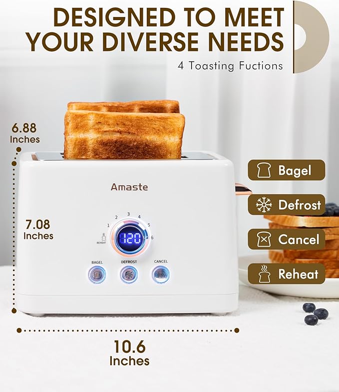 2 Slice Toaster, Retro Bread Toaster with LED Display, Extra Wide Slots Toasters with 6 Bread Shade Settings, Bagel, Cancel, Defrost Function, Stainless Steel with High Lift Lever, Removal Crumb Tray