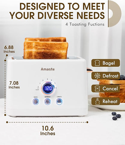 2 Slice Toaster, Retro Bread Toaster with LED Display, Extra Wide Slots Toasters with 6 Bread Shade Settings, Bagel, Cancel, Defrost Function, Stainless Steel with High Lift Lever, Removal Crumb Tray