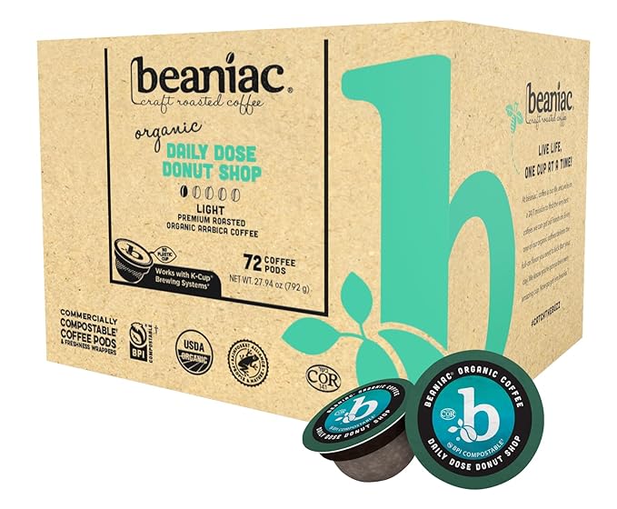 beaniac Organic Daily Dose Donut Shop, Light Roast, Single Serve Compostable K Cup Coffee Pods, Organic Arabica Coffee, Keurig Brewer Compatible, 72 Count