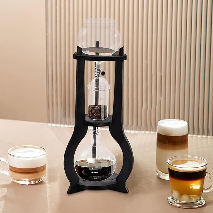 Cold Brew Drip Coffee Maker, 600ml/20.29 Ice Coffee Brewer Machine Cold-Drip Coffee Tower with Glass Container Wood Stand for Home Office