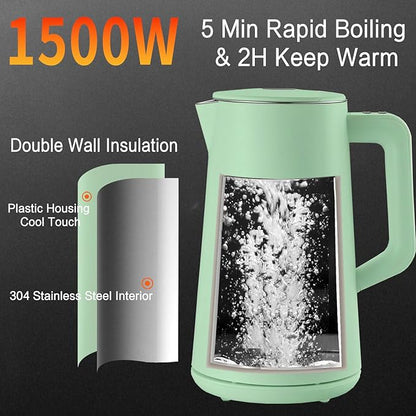 1.5L Electric Kettle Stainless Steel, Double Wall Cool Touch Teapot, Fast Boil,5 Temperature Control, LED Display, Auto Shut-Off,Keep Warm Function,Green