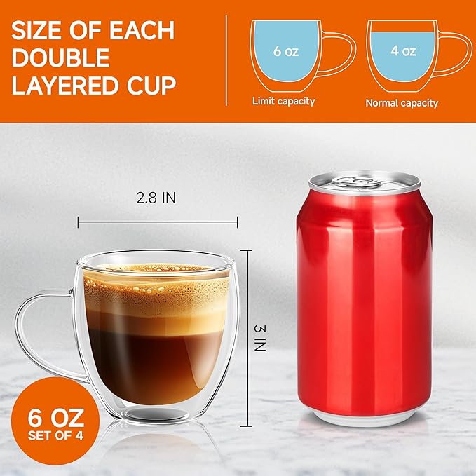 6 Ounces Set of 4 Double Walled Glass Coffee Mugs with Handle Insulated Layer Coffee Cups Borosilicate Glass Espresso Double Insulated Clear Glass Coffee Mug for Hot Beverages