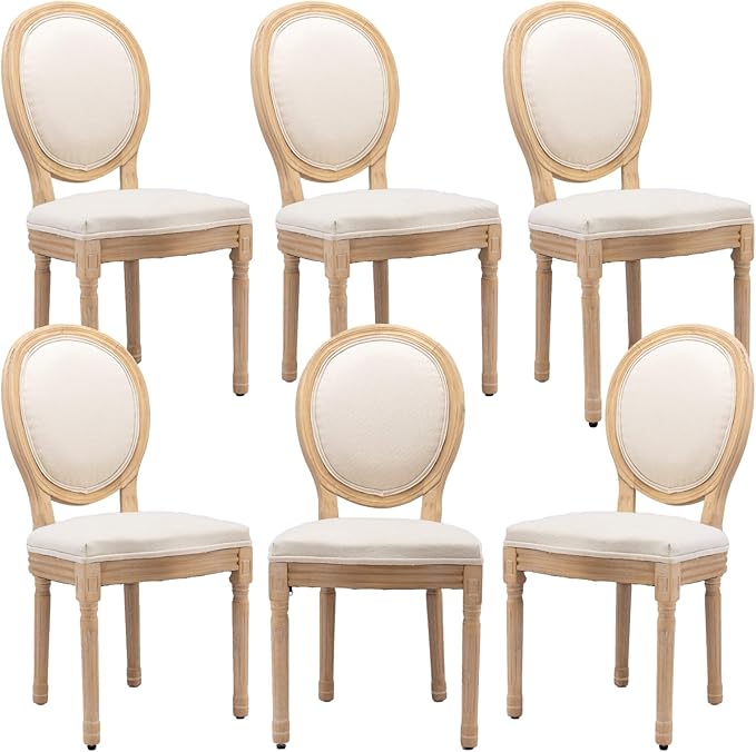 French Country Dining Chairs Set of 6, Vintage Wooden Dining Chairs with Fabric Upholstered Seat&Oval Backrest,Solid Wood Legs&Frame, Farmhouse Kitchen&Living Room Chairs(Beige,6 Pcs)