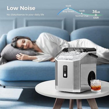 AGLUCKY Nugget Ice Maker Countertop, Portable Crushed Ice Maker Machine with Handle, 35lbs/24H, One-Click Operation, Self Cleaning Ice Machine for Home/Kitchen/Office(Stainless Steel)