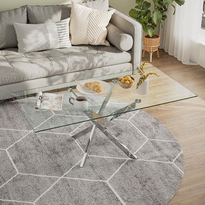 Tempered Glass Coffee Table with Chromed Legs, Rectangle Modern Living Room Table for Home Office Living Room (Sliver, 47.3”x23.6”x18”)