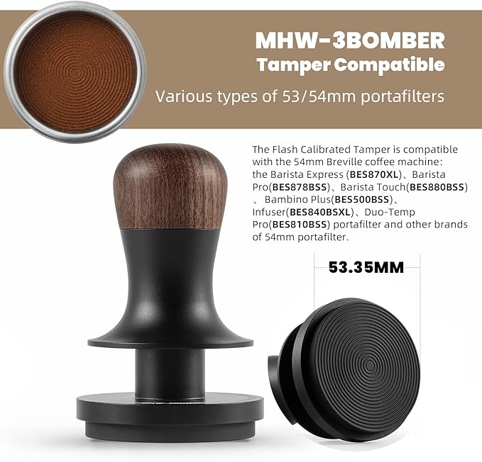 MHW-3BOMBER 53.35mm Espresso Coffee Tamper with Three Spring Loaded Calibrated Espresso Tamper 30lbs 54mm Espresso Hand Tamper with Sound Feedback Titanium Coating Black T6177T-OS