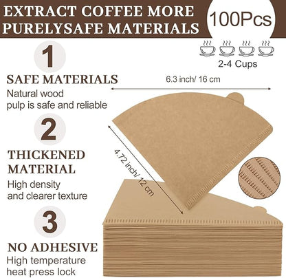 Pour Over Coffee Maker Set Stainless Steel Reusable Pour Over Coffee Dripper Paper Filters and Mug with 100 Pcs Disposable Natural Paper Filters for 1-2 Cup for Cafe Restaurant Home Office