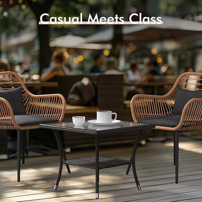 Super Patio Outdoor Side Table, 20" Square Wicker End Table, Tempered Glass Top Coffee Table with Storage, Aluminum Frame-Brown