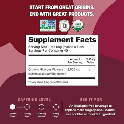 FGO Organic Hibiscus Herbal Tea, 40 Count, Eco-Conscious Tea Bags, Caffeine Free (Pack of 1)