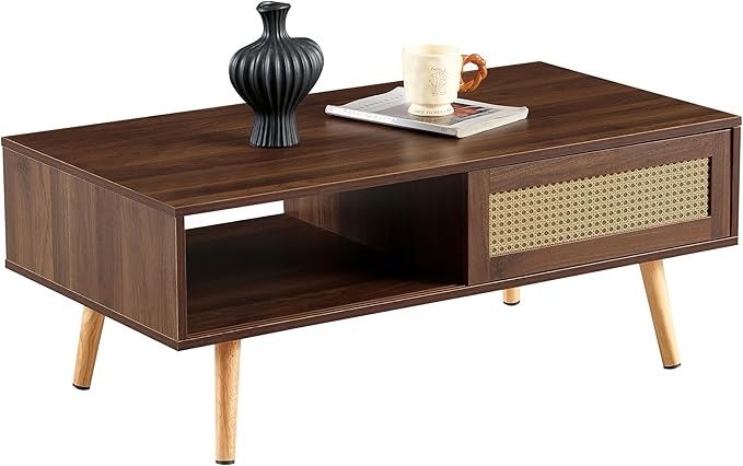 Mid Century Modern Coffee Table with Storage, 41.3 Inch Rectangle Wooden Accent Center Tables with Sliding PE Rattan, Woven Door Panel and Solid Wood Legs, Suitable for Living Room, Apartment