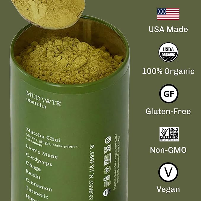 MUDWTR Mushroom Matcha Powder | 3,000mg of Adaptogenic Mushrooms | Japanese Matcha Powder Blend | USDA Organic | Energy, Focus & Immunity Support | Lion's Mane, Chaga, Reishi, Cordyceps | 30 Servings