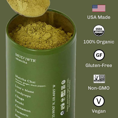 MUDWTR Mushroom Matcha Powder | 3,000mg of Adaptogenic Mushrooms | Japanese Matcha Powder Blend | USDA Organic | Energy, Focus & Immunity Support | Lion's Mane, Chaga, Reishi, Cordyceps | 30 Servings