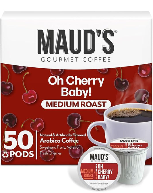 Maud's Cherry Flavored Coffee Pods, 50 ct, Medium Roast Flavored Coffee in Recyclable Single Serve Pods – 100% Arabica Beans, Compatible with Keurig K Cups Maker