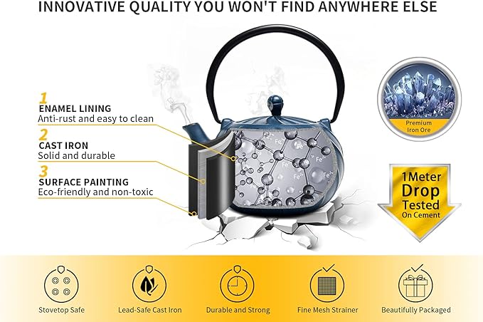 Tea Kettle, TOPTIER Japanese Cast Iron Teapot with Stainless Steel Infuser, Cast Iron Tea Kettle for Stove Top, Wave Design Teapot Coated with Enameled Interior for 30 Ounce (900 ml), Navy Blue