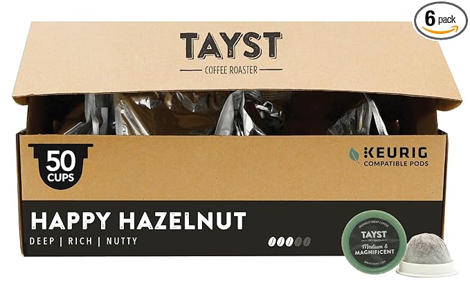 Tayst Coffee Pods, Happy Hazelnut Medium Roast, K Cups Compatible with Keurig Coffee Maker, Sustainable Single Serve, Pack of 50