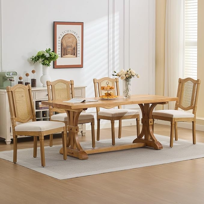 Vintage French Country Dining Chairs Set of 4, Beige Cane Back Rattan Dining Chairs with Linen Upholstered Seat, Solid Wood Legs, Farmhouse Kitchen & Dining Room, Sillas De Comedor (Beige, 4Pcs)