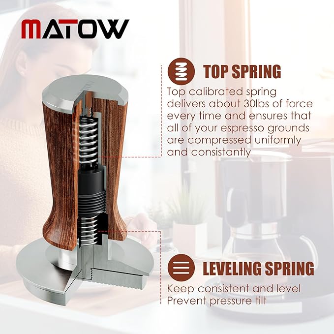53.3mm Espresso Hand Tamper, MATOW Calibrated Spring Loaded Coffee Tamper with Stainless Steel Ripple Base, 30lbs Espresso Tamper with Red Rosewood Handle Compatible with Breville 54mm Portafilter