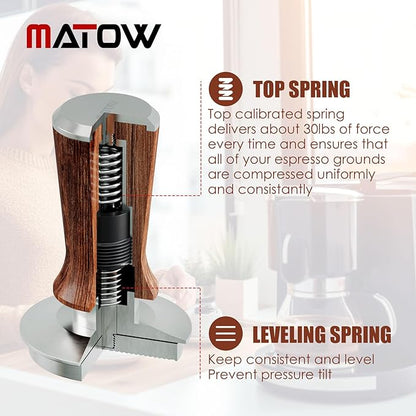 53.3mm Espresso Hand Tamper, MATOW Calibrated Spring Loaded Coffee Tamper with Stainless Steel Ripple Base, 30lbs Espresso Tamper with Red Rosewood Handle Compatible with Breville 54mm Portafilter