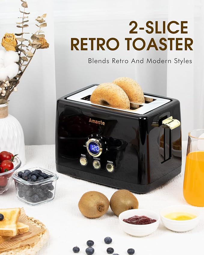 2 Slice Toaster, Retro Bread Toaster with LED Display, Extra Wide Slots Toasters with 6 Bread Shade Settings, Bagel, Cancel, Defrost Function, Stainless Steel with High Lift Lever, Removal Crumb Tray