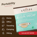 Load image into Gallery viewer, Coulée EcoPour B.I.O.N. Coffee, Single Serve Pour Over Decaffeinated Coffee, for Camping or Traveling, Pre Filled Compostable Filters, Ready to Brew with Hot Water, 20 Pack