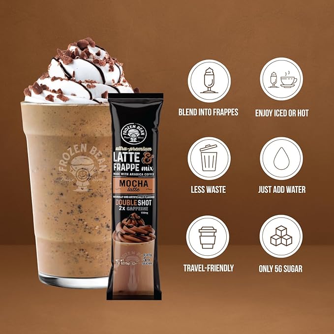 The Frozen Bean Mocha Frappe & Latte Instant Mix (20 Sticks), Made with Arabica Coffee, Double Shot Caffeine, Low Sugar & Premium Ingredients, Hot, Iced, or Blended Drinks