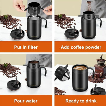 16oz Camping Coffee Maker Pour over Coffee Maker Set, Outdoor Portable Hand Drip Coffee Cup, Home Coffee Brewing and Filtering System, Double-Layer Vacuum 304 Stainless Steel (Black)