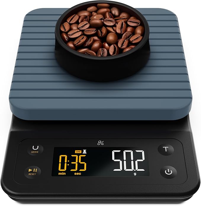 Greater Goods 0.1g Precision Coffee Scale with Timer – 3kg Digital Scale for Pour-Over, Espresso, French Press, Kitchen Use (Stone Blue)